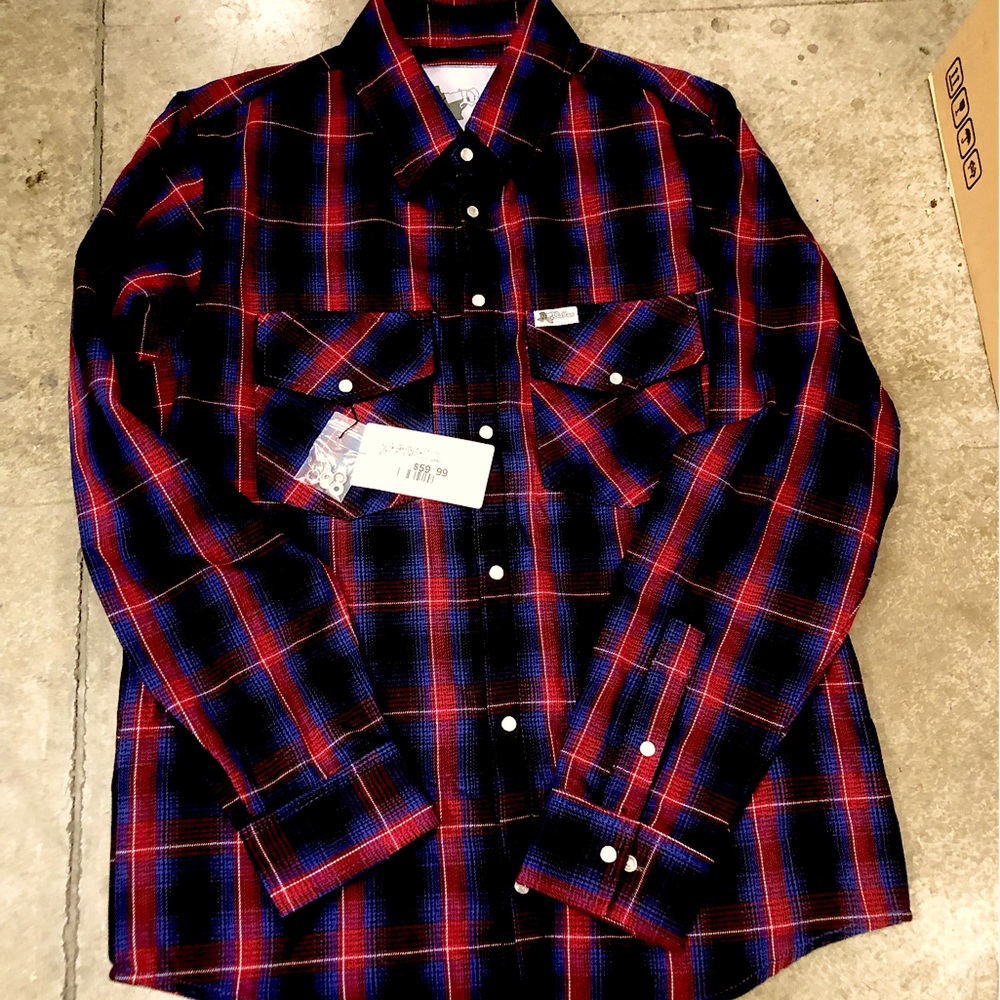 Red and Blue Casual Button Down Shirt with Plaid Pattern